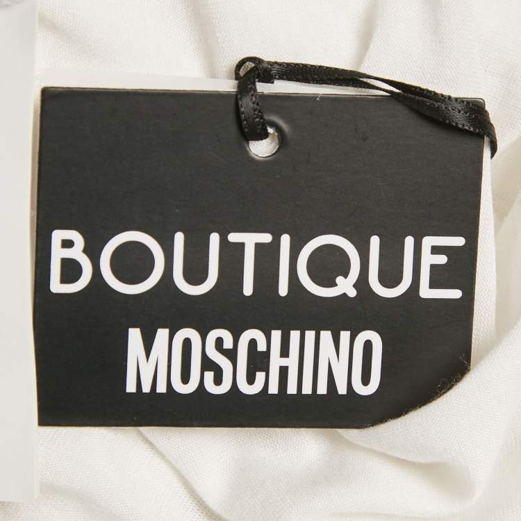 Pre Owned Boutique Moschino White Logo Print Jersey Crystal Embellished and Ruffled T-Shirt M