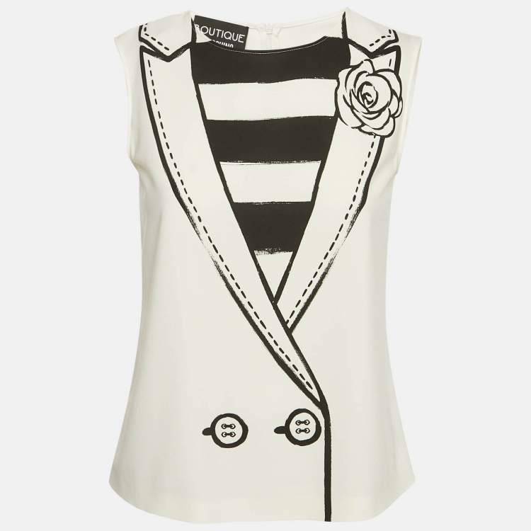 Pre Owned Boutique Moschino White Collar Print Crepe Sleeveless Top S