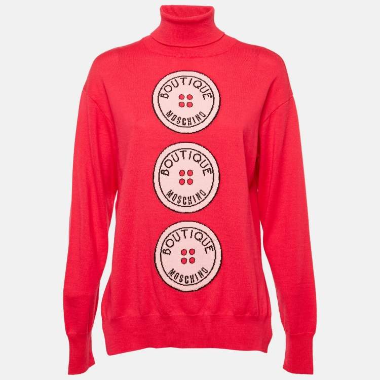 Pre Owned Boutique Moschino Pink Button Intarsia Wool Knit Turtle Neck Sweater M