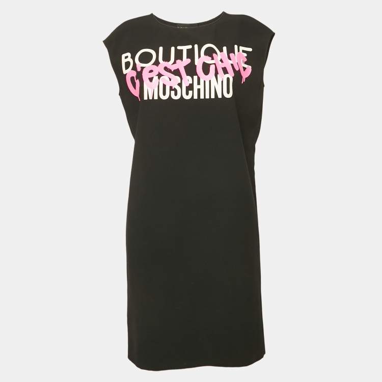 Pre Owned Boutique Moschino Black Printed Crepe Shift Dress S