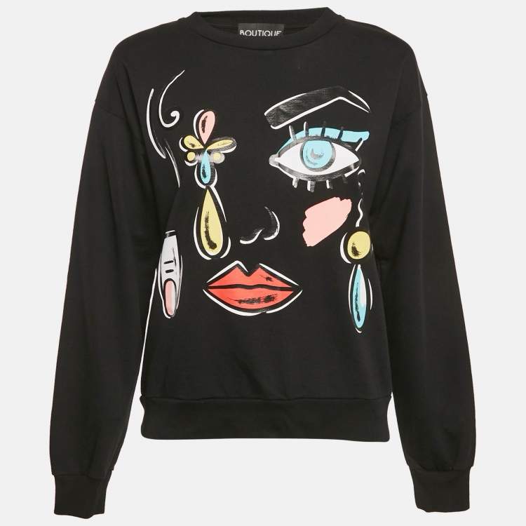Pre Owned Boutique Moschino Black Printed Cotton Knit Sweatshirt S