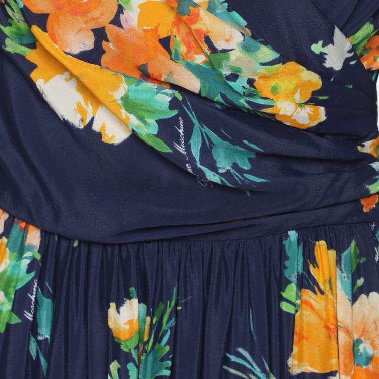 Pre Owned Boutique Moschino Blue Multicolor Floral Print Satin Wrap Maxi Dress M