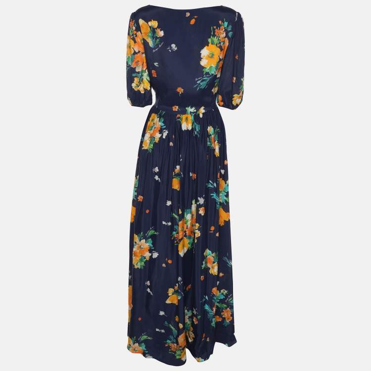 Pre Owned Boutique Moschino Blue Multicolor Floral Print Satin Wrap Maxi Dress M