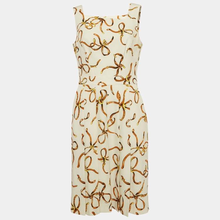 Pre Owned Boutique Moschino Cream Allover Bridle Bow Cady Dress M