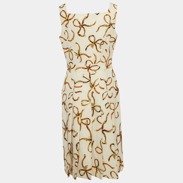 Pre Owned Boutique Moschino Cream Allover Bridle Bow Cady Dress M