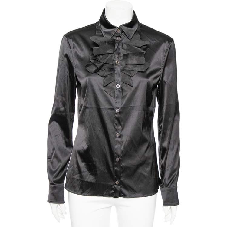 Pre Owned Moschino Couture Black Satin Ruffled Neck Shirt L