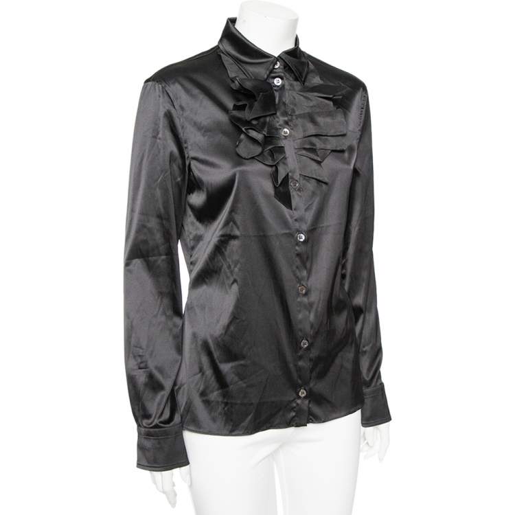 Pre Owned Moschino Couture Black Satin Ruffled Neck Shirt L
