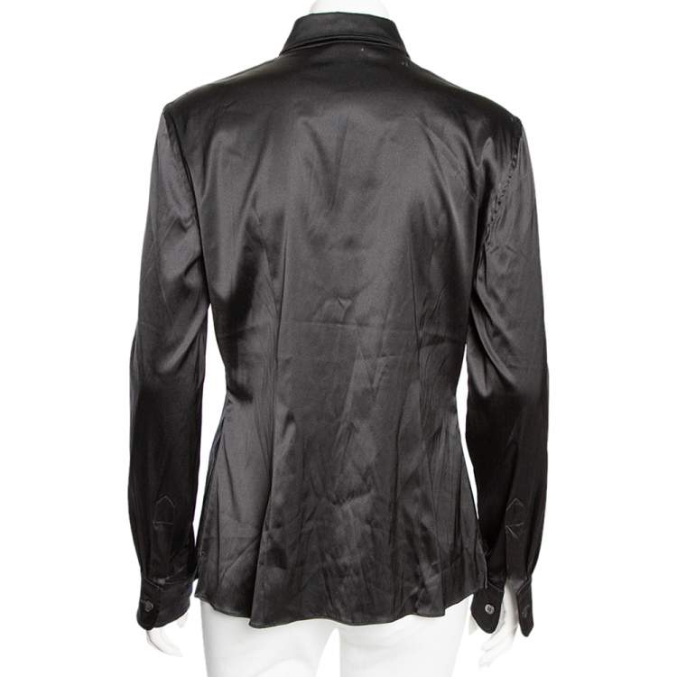 Pre Owned Moschino Couture Black Satin Ruffled Neck Shirt L