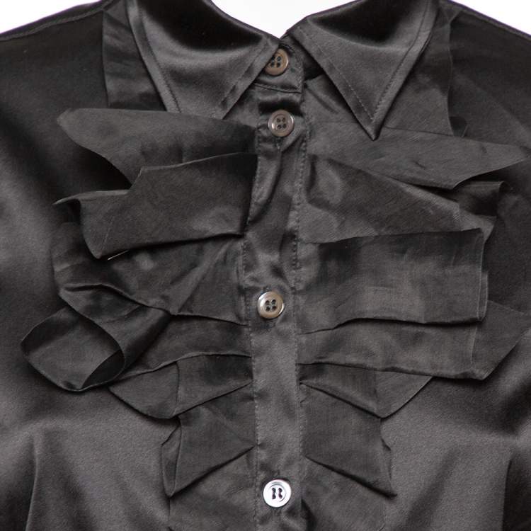 Pre Owned Moschino Couture Black Satin Ruffled Neck Shirt L