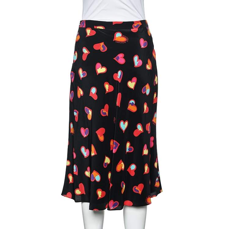 Pre Owned Boutique Moschino Black Heart Print Silk Skirt S