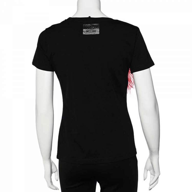 Pre Owned Boutique Moschino Black Stiletto Printed Cotton Feather Pin Detail T-Shirt M