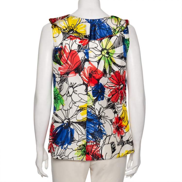 Pre Owned Boutique Moschino Multicolor Floral Printed Ruffled Front Sleeveless Top L