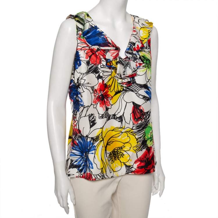 Pre Owned Boutique Moschino Multicolor Floral Printed Ruffled Front Sleeveless Top L