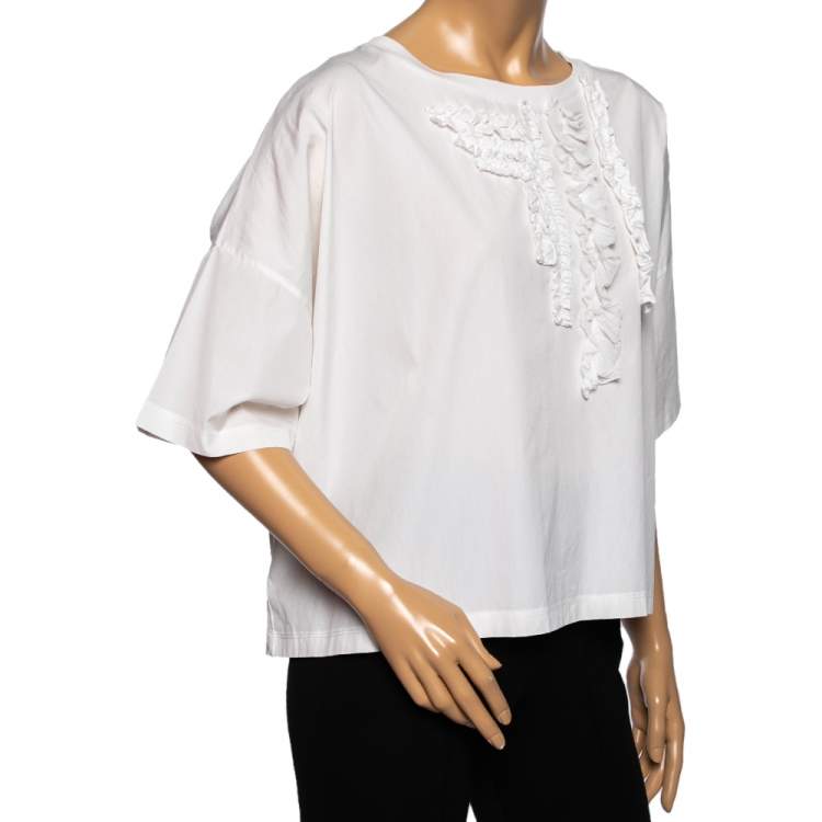 Pre Owned Boutique Moschino White Cotton Ruffle Detail Front Top S