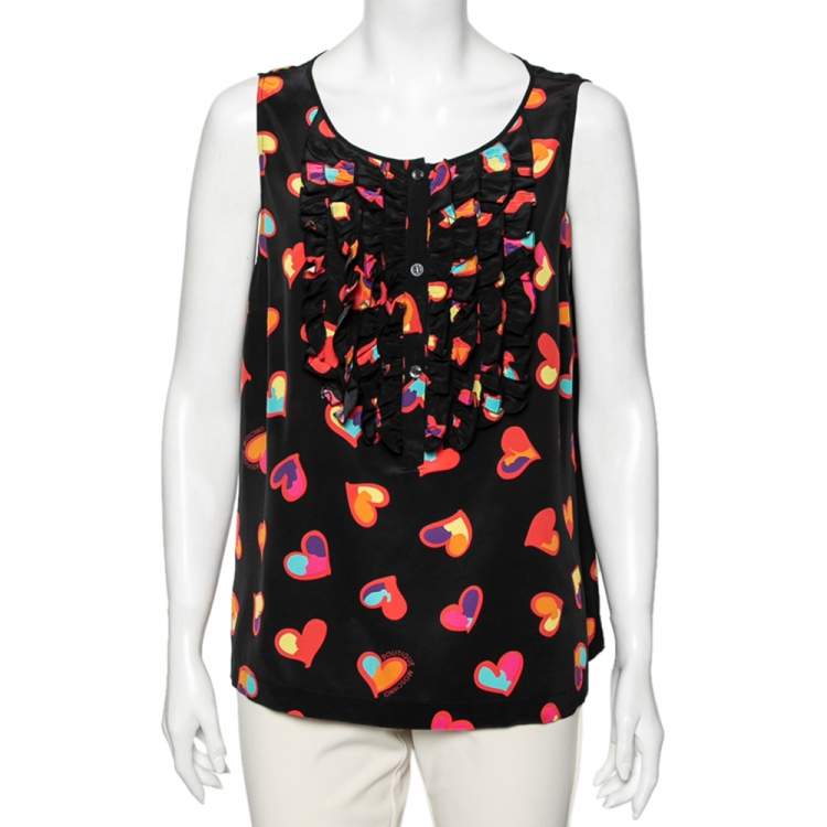 Boutique Moschino Black Heart Print Silk Top L Boutique Moschino