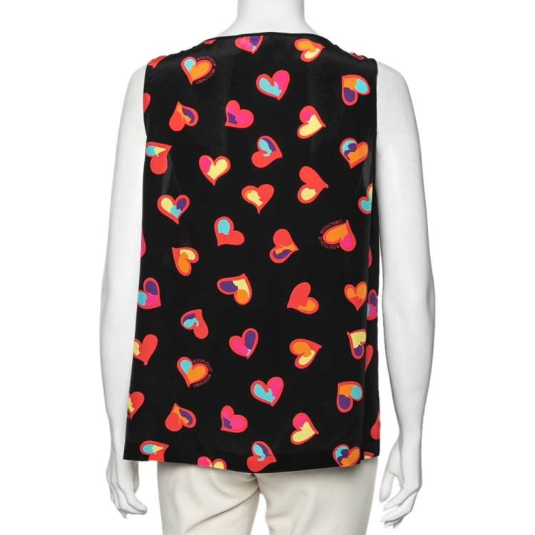 Pre Owned Boutique Moschino Black Heart Print Silk Top L
