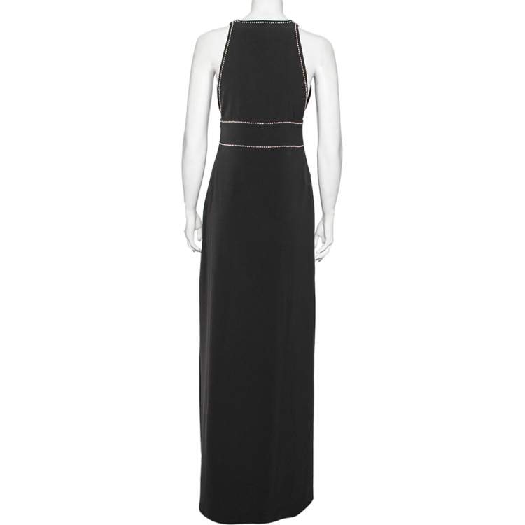 Pre Owned Boutique Moschino Black Crepe Plunging Neck Bow Embellished Detail Gown S