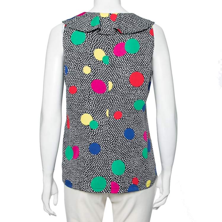 Pre Owned Boutique Moschino Black Polka Dot Ruffle Detail Neck Sleeveless Top L