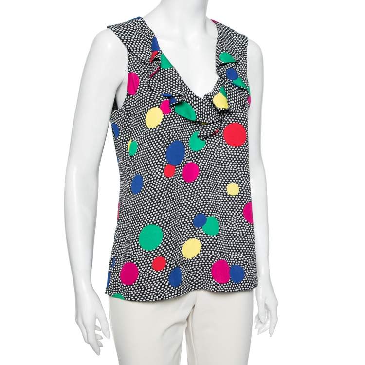 Pre Owned Boutique Moschino Black Polka Dot Ruffle Detail Neck Sleeveless Top L