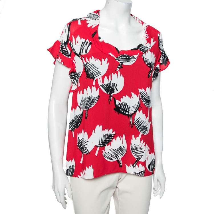 Pre Owned Boutique Moschino Red Printed Crepe Ruffle Cap Sleeves Top S