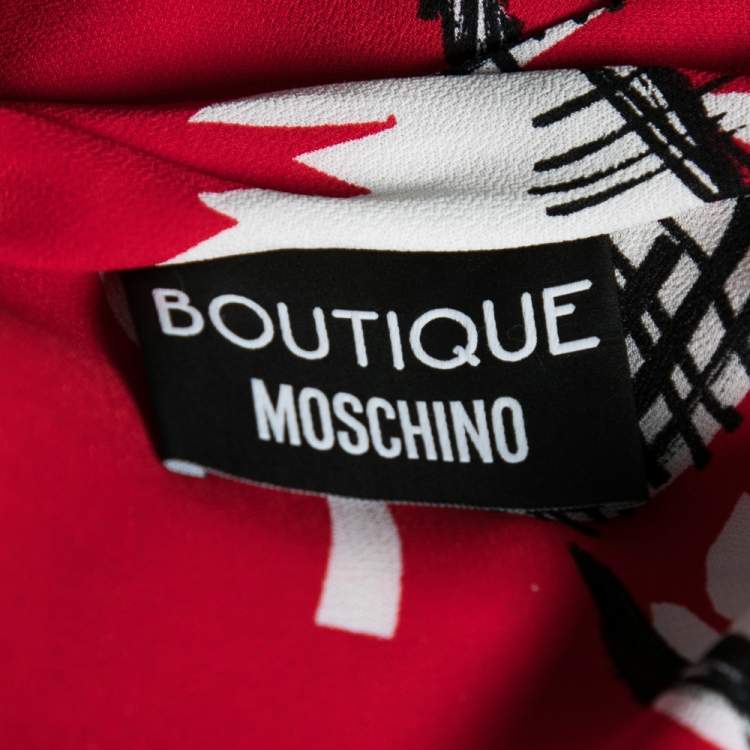 Pre Owned Boutique Moschino Red Printed Crepe Ruffle Cap Sleeves Top S
