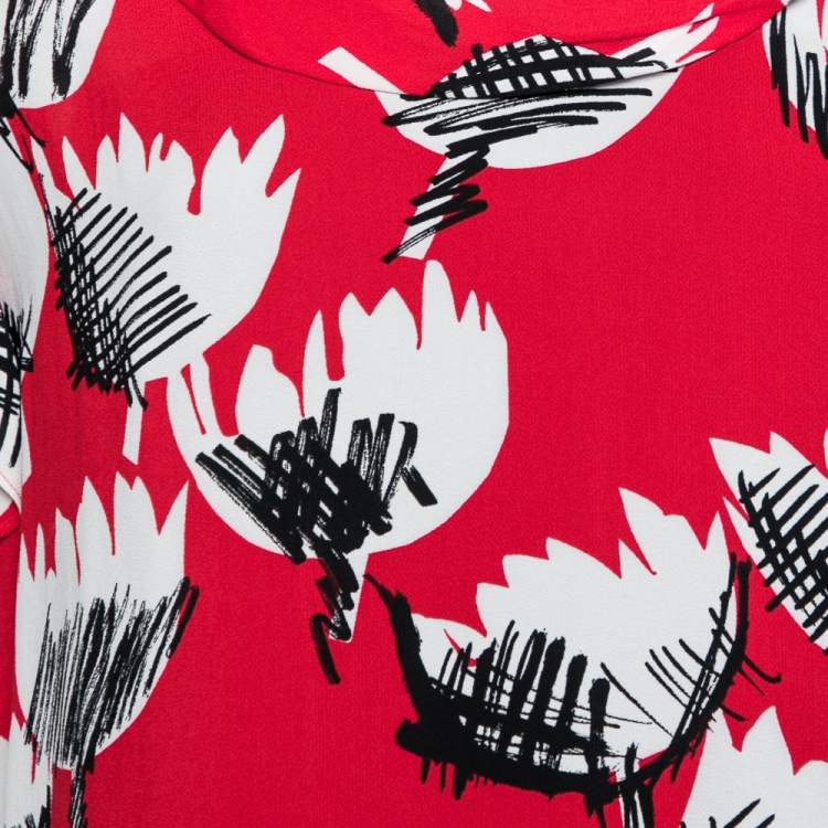 Pre Owned Boutique Moschino Red Printed Crepe Ruffle Cap Sleeves Top S