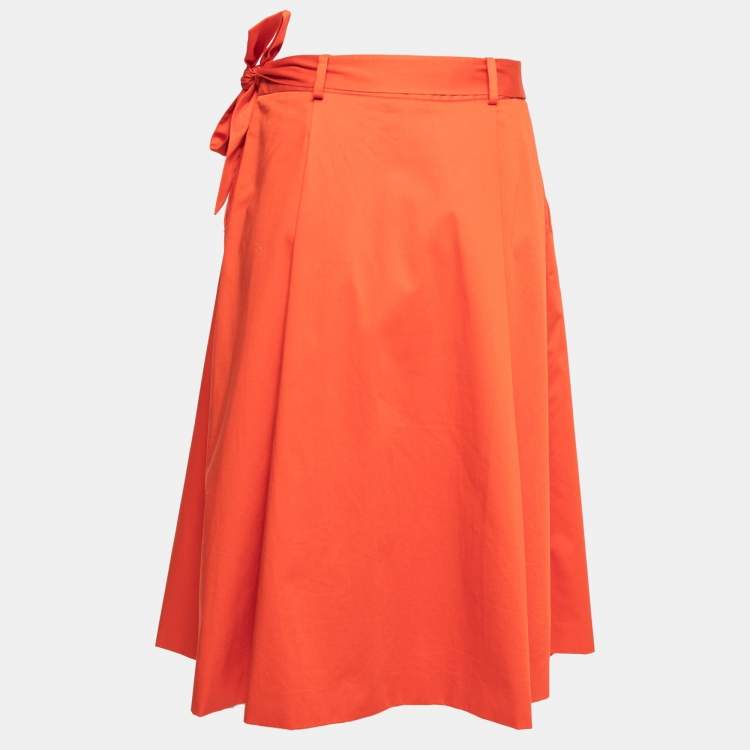 Pre Owned Boutique Moschino Orange Cotton Pleated Belted Skirt M