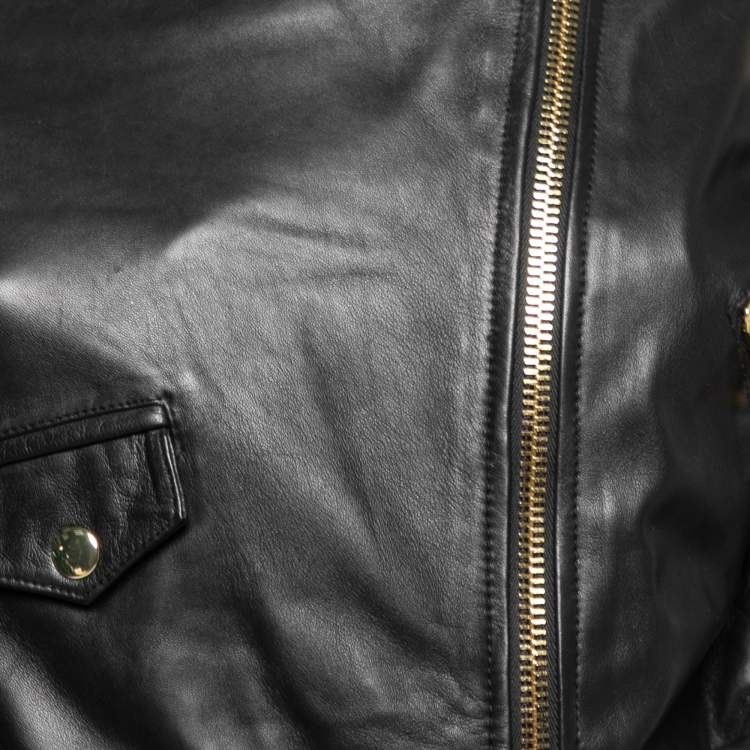 Pre Owned Boutique Moschino Black Leather Zip Embellished Cropped Jacket M