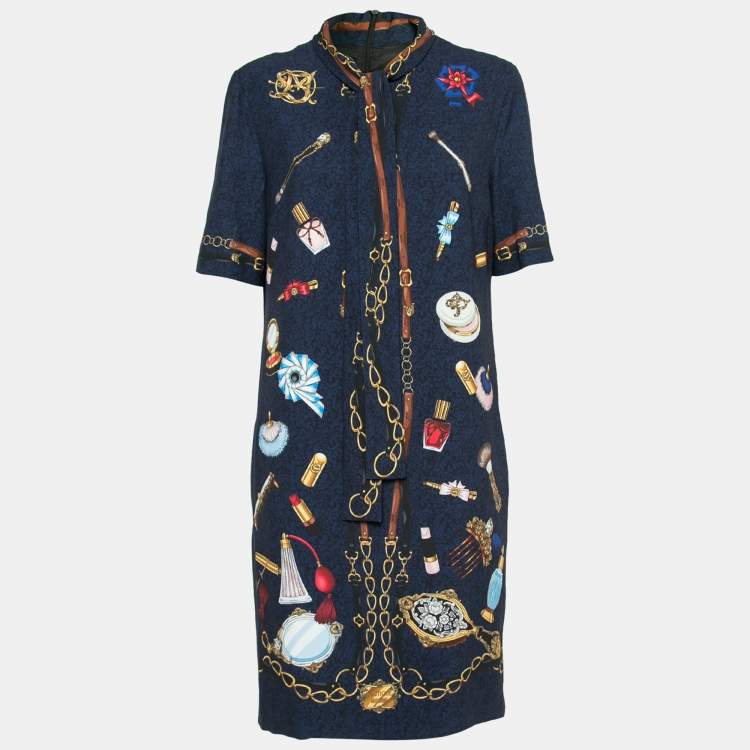 Pre Owned Boutique Moschino Blue and Black Crepe Printed Neck Tie Dress M