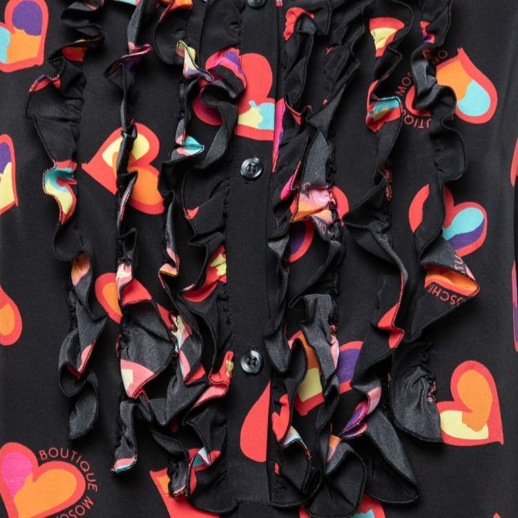 Pre Owned Boutique Moschino Black Heart Print Silk Ruffle Front Top L