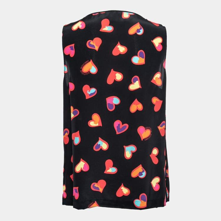Pre Owned Boutique Moschino Black Heart Print Silk Ruffle Front Top L