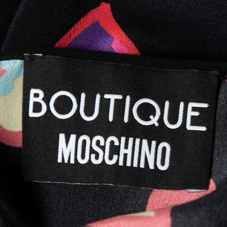 Pre Owned Boutique Moschino Black Heart Print Silk Ruffle Front Top L