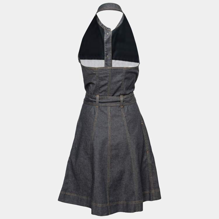 Pre Owned Boutique Moschino Denim Halter Neck Belted Mini Dress M