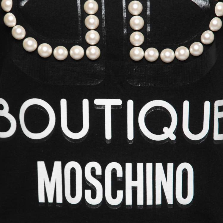 Pre Owned Boutique Moschino Black Logo Print Pearl-Embellished Cotton Sweatshirt XS