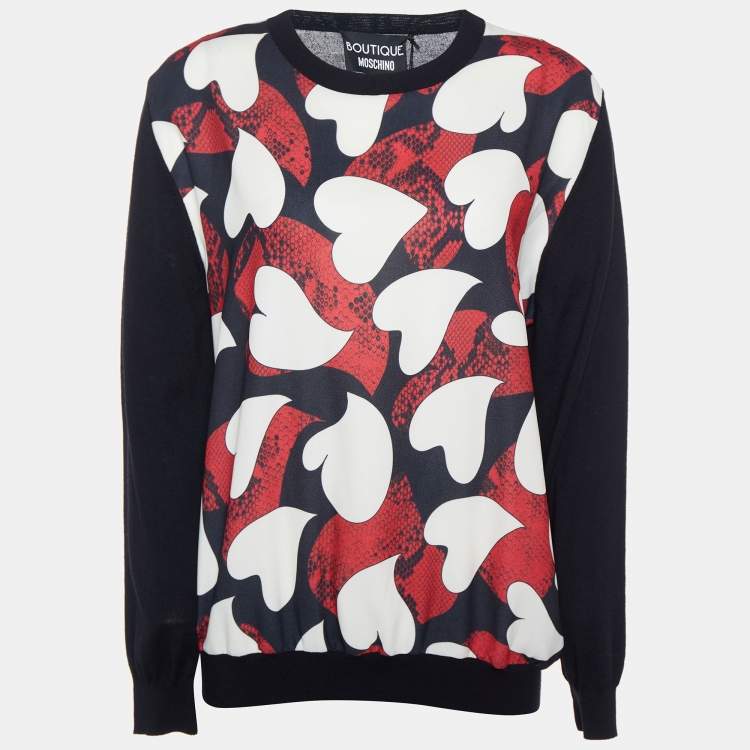 Pre Owned Boutique Moschino Black Heart Printed Wool & Satin Pullover L