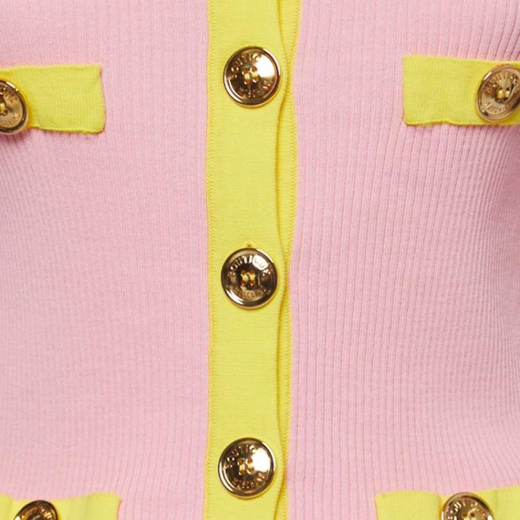 Pre Owned Boutique Moschino Pink Ribbed Knit Cardigan & Skirt Set M