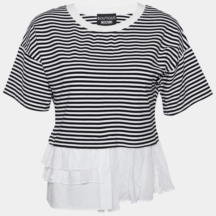 مملوكة مسبقًا Boutique Moschino Black & White Striped Knit Ruffle Trim Top S