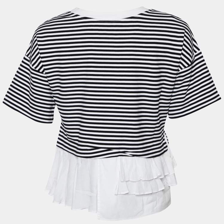 مملوكة مسبقًا Boutique Moschino Black & White Striped Knit Ruffle Trim Top S