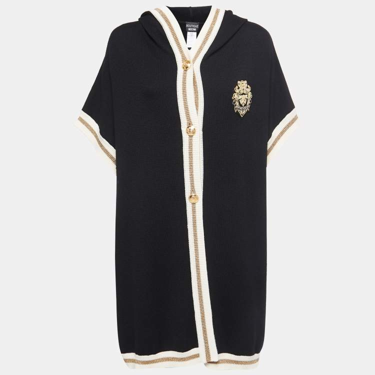 Pre Owned Boutique Moschino Black Cable Knit Button Front Hooded Cardigan M