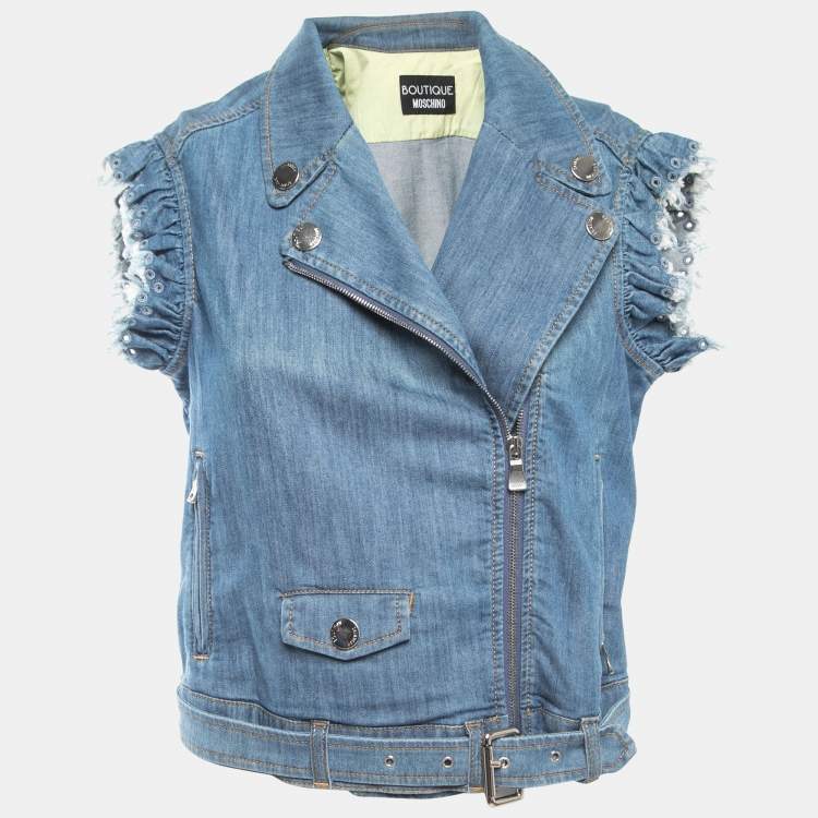 Pre Owned Boutique Moschino Blue Denim Zip Front Belted Top M
