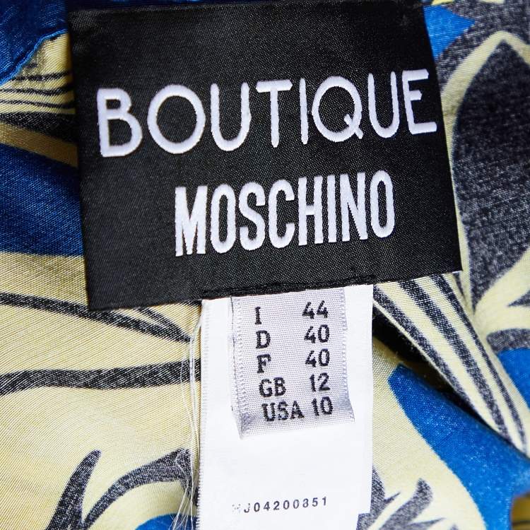 Pre Owned Boutique Moschino Blue Printed Rayon Shirred Detail Mini Dress M