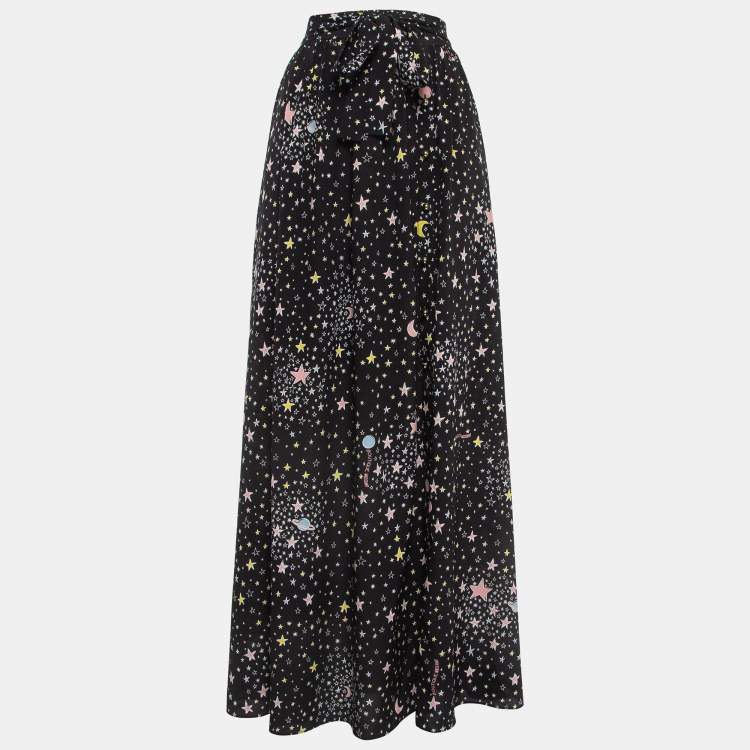 Pre Owned Boutique Moschino Black Stars Print Silk Blend Tie-Up Waist Maxi Skirt M