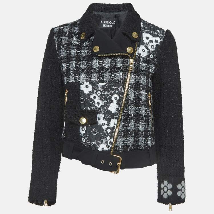 Pre Owned Boutique Moschino Monochrome Jacquard Trim Tweed Zipper Jacket M