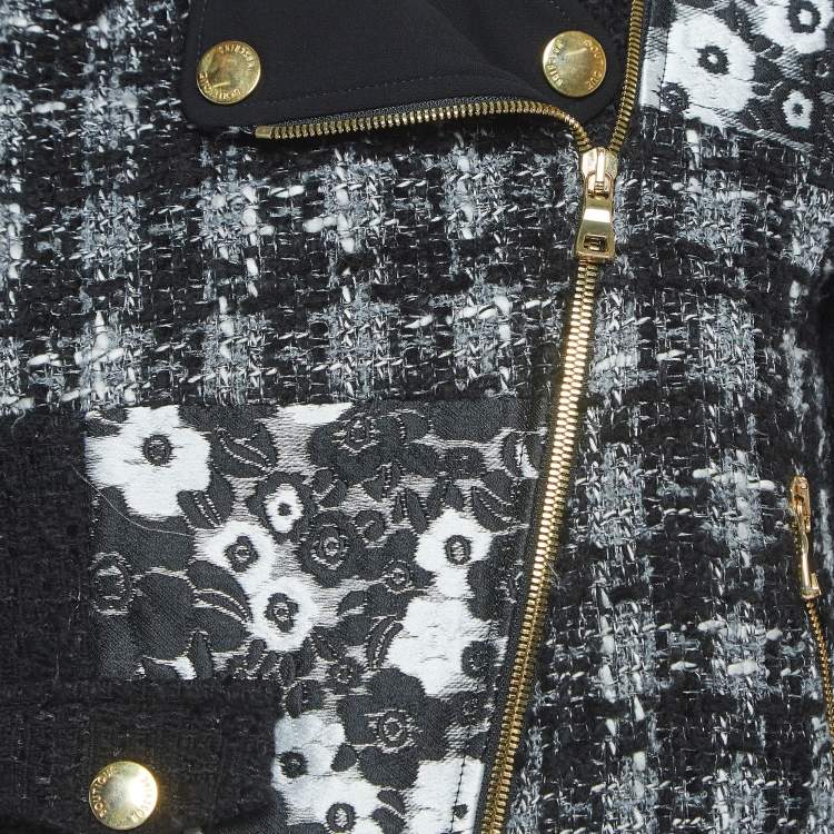Pre Owned Boutique Moschino Monochrome Jacquard Trim Tweed Zipper Jacket M