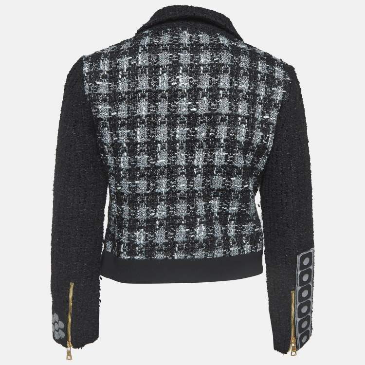 Pre Owned Boutique Moschino Monochrome Jacquard Trim Tweed Zipper Jacket M