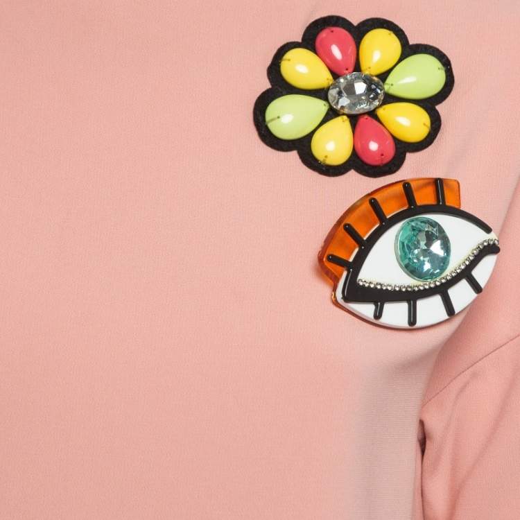 Pre Owned Boutique Moschino Pink Brooch Applique Crepe Shift Dress S