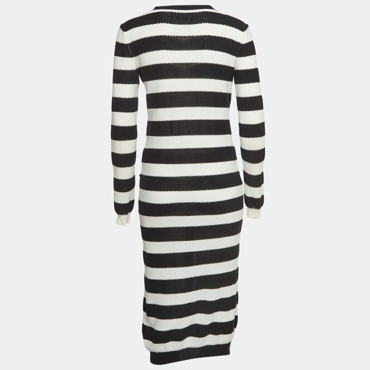 Boutique Moschino Black White Striped Knit Buttoned Midi Dress S Boutique Moschino TLC