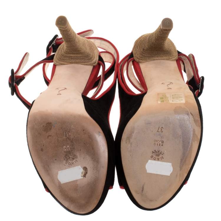 Pre Owned Boutique Moschino Black/Red Suede And Grosgrain Trim Platform Ankle Strap Sandals Size 37 