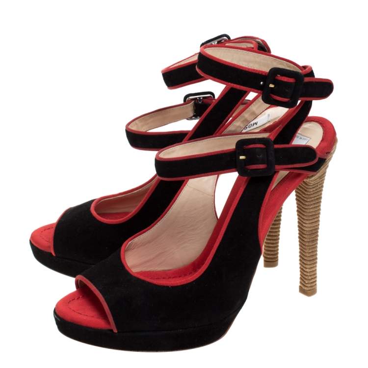 Pre Owned Boutique Moschino Black/Red Suede And Grosgrain Trim Platform Ankle Strap Sandals Size 37 