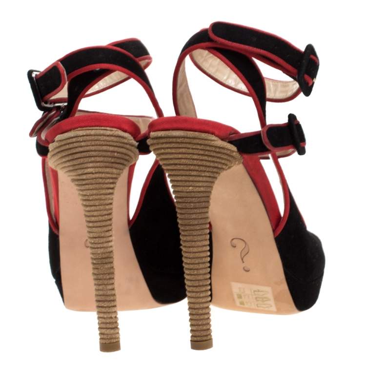 Pre Owned Boutique Moschino Black/Red Suede And Grosgrain Trim Platform Ankle Strap Sandals Size 37 